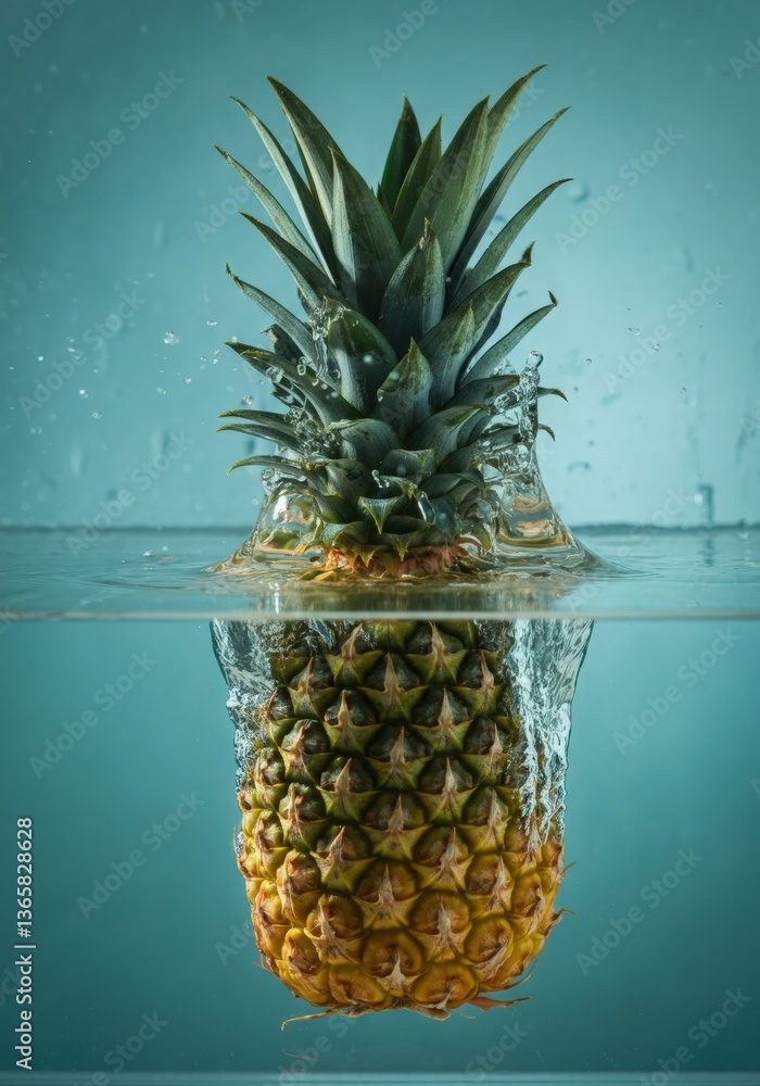 Poster pineapple splashing into water, creating dynamic bubbles and ripples