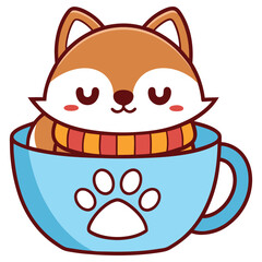 Cartoon Brown Fox with Scarf Sitting in Light Blue Paw Print Cup on White