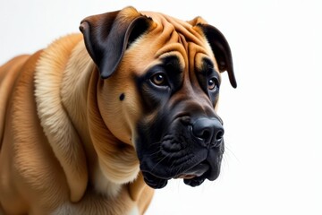 Fototapeta premium Imposing mastiff, intense gaze, pristine white backdrop, muscular, furry
