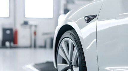Fototapeta na wymiar A car in a car detailing shop, viewed from the side, showcasing the meticulous cleaning and restoration process, with a focus on the car’s sleek design and professional detailing environment. 