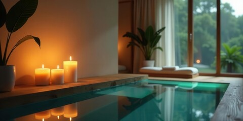 Tranquil Indoor Poolside Serenity Illuminated by Candlelight and Lush Greenery