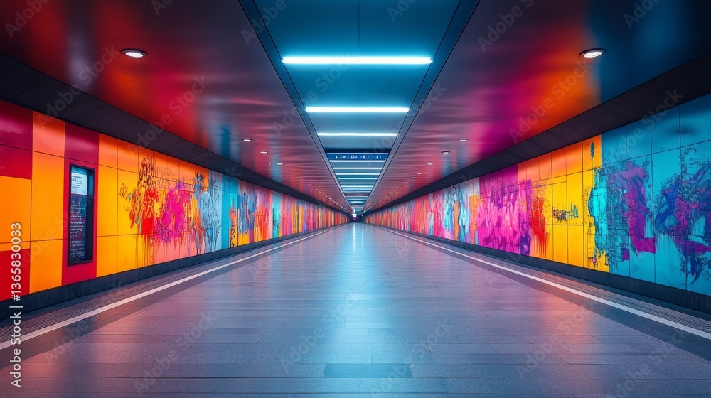 Aufkleber Brightly lit corridor in a modern subway station, showcases colorful wall art while commuters navigate through this bustling urban transit hub during peak evening hours.