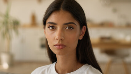 Portrait indoors at home serious calm pensive frown woman Indian girl anxiety sad upset female Arabian lady at own rent apartment looking at camera problem loan mortgage insurance health trouble look