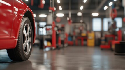 Red car in garage repair shop