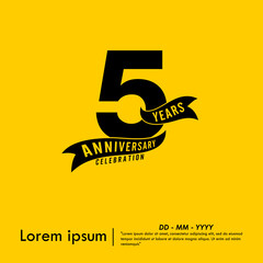 5th years anniversary celebration emblem. black logo isolated with ribbon on yellow background. vector illustration template design for web, flyers, poster, greeting card and invitation card