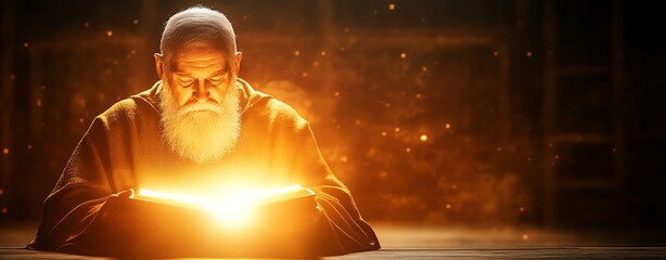 Close-up portrait of a biblical king A wise figure reading from an ancient, glowing book, surrounded by an ethereal light that signifies knowledge and enlightenment.
