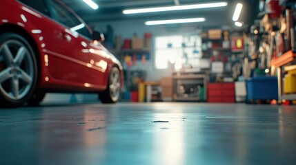 Red car inside garage workshop storage
