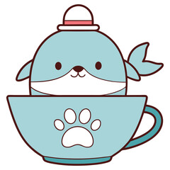 Cartoon Seal with Hat Inside Tea Cup with Paw Print on Transparent Background