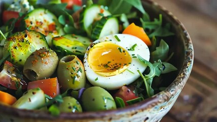 Fresh and healthy mediterranean diet lunch concept. A colorful salad bowl filled with boiled egg, assorted vegetables, and flavorful olives, showcasing a nutritious and delicious meal option.