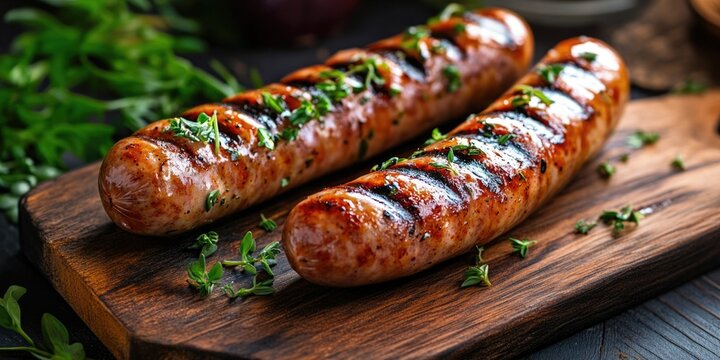 Sausages with Herbs on Cutting Board
