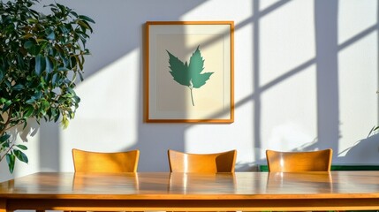 Minimalist Office Interior  Wooden Table  Chairs  Leaf Art  Sunlight