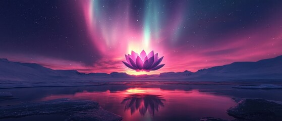 Obraz premium Ethereal Lotus Flower Under Northern Lights in Serene Landscape
