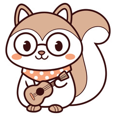 Cartoon Brown Squirrel with Glasses and Bandana Playing Ukulele on White Background