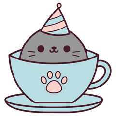 Cartoon Gray Cat with Party Hat in Blue Cup with Paw Print on White
