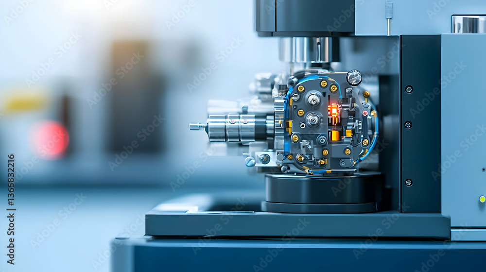 Poster close up of a complex machine with metal components and electronic parts illuminated in a bright wor