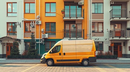 Obraz premium Food delivery car parked outside an apartment building