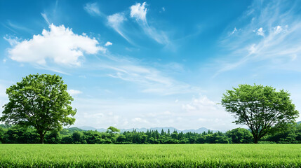 Fototapeta premium Green Field With Trees Under A Blue Sky