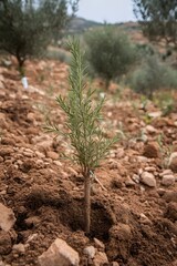 Young Rosemary Plant Growing in Arid Soil, Olive Tree Plantation Background