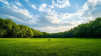Obraz premium Vibrant Green Field Beneath Blue Sky With White Clouds And Lush Trees On Both Sides