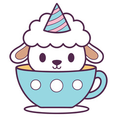 Cartoon Sheep in Blue Cup Wearing Party Hat Adorable