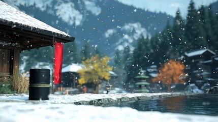 Serene Winter Wonderland  Snowfall  Japanese Village  Hot Spring