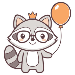 Cartoon Raccoon with Glasses, Crown and Balloon on Transparent Background