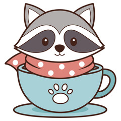 Cartoon Raccoon Character Inside Blue Cup with Paw Print and Polka Dot Scarf