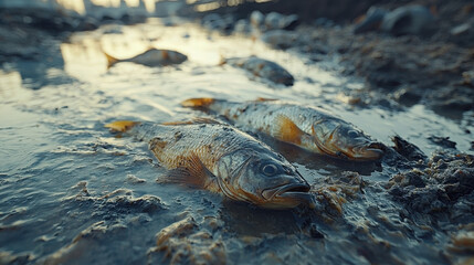 Polluted river reveals environmental devastation with dead fish and toxic sludge in industrial area