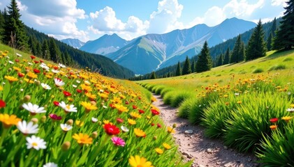 Colorado mountain meadow, wildflowers carpet a sunlit trail , flora, path