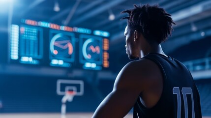 An AI powered sports performance analysis tool, analyzing athletic performance metrics in a high-tech sports lab, Sports tech style