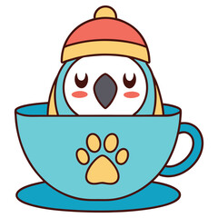 Cute Bird with Hat Inside Blue Cup with Paw Print Icon Isolated on White