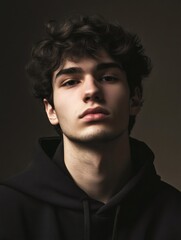 Fototapeta premium Portrait of a young man with wavy dark hair wearing a black hoodie