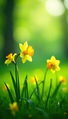 Obraz premium Daffodil flowers sway gently in the breeze of a serene green meadow, nature, flowers, blooming