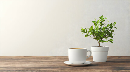 White Coffee Cup And Potted Plant On Wooden Table