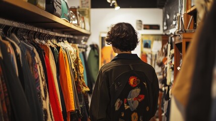 Obraz premium A person browsing clothing racks inside a vintage shop