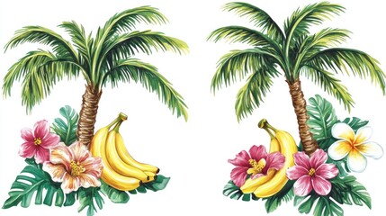 Obraz premium Tropical palm trees, bananas, flowers, white background, summer vacation design
