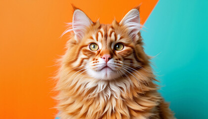 Majestic Maine Coon cat portrait with vibrant background, pet photography
