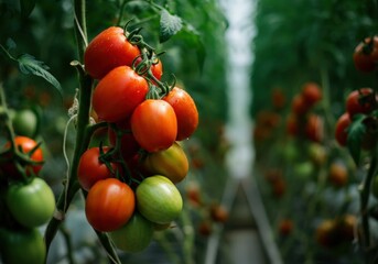 Fresh tomatoes growing in a greenhouse, showcasing vibrant colors and healthy plants