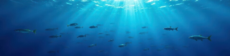 Obraz premium deep blue ocean surface with scattered schools of small fish swimming in every direction, water, depth