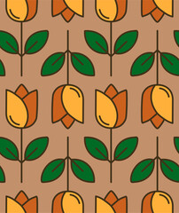 Abstract Hand Drawing Tulips and Leaves Seamless Vector Pattern Isolated Background