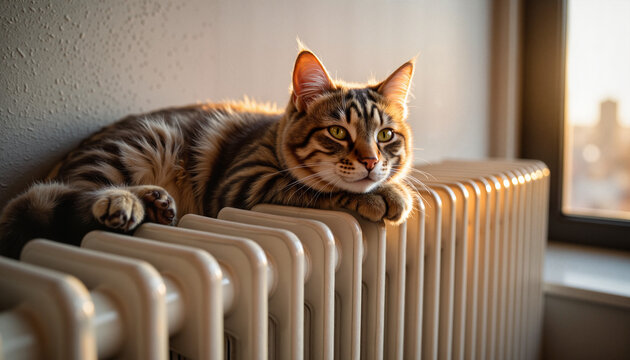 Relaxed tabby cat lounging on radiator in urban loft, cozy ambiance