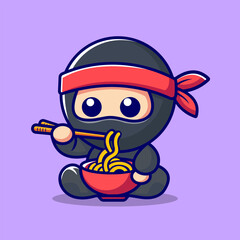 Cute Ninja Eating Ramen Noodles Cartoon