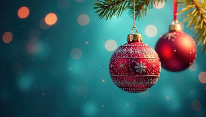 Fototapeta premium Decorative Christmas ornaments hanging from a blue string, blue background, holiday decoration