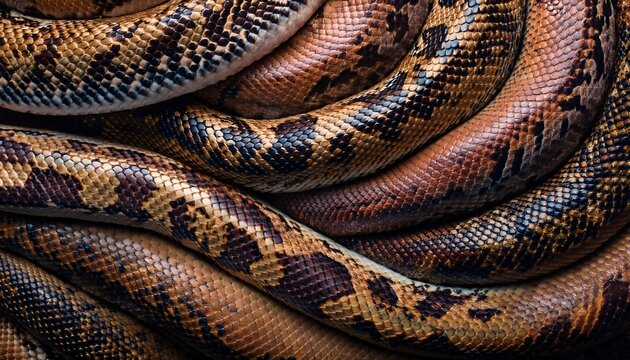 macro close-up top view of python skin pattern in high detail showing intertwined colorful scales for reptile texture background and exotic animal surface
