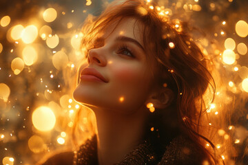 A woman with long hair and a gold dress, looking up at the sky.