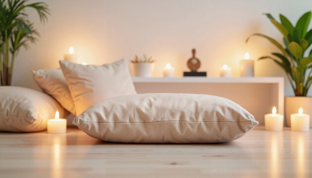 Serene meditation space with cushions and candles, enhancing tranquility