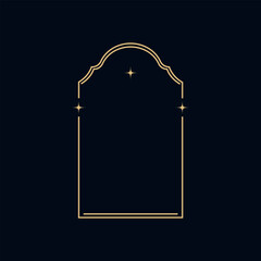 Vector of linear golden frame; on a dark background; minimalist esoteric border; mystyc decoration stars month moon.Retro; boho.Tarot reverce border magic sacred cover card frame gold line border 