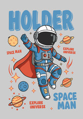 A fun and colorful vector illustration of a cute astronaut exploring space, surrounded by planets, stars, and cosmic elements. Perfect for kids’ apparel, posters, stickers, and space-themed designs
