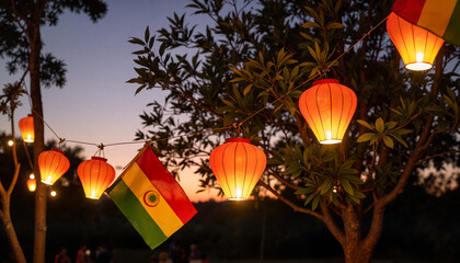 Decorative lanterns and flags glowing at twilight, festive ambiance
