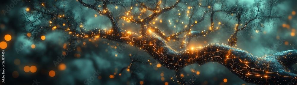 Poster a visually captivating ai tree with branches of glowing circuits
